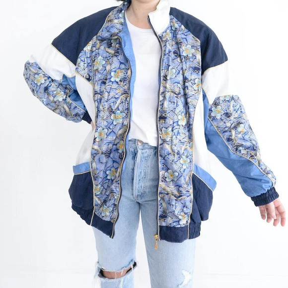 Vintage 90s Active Frontier Navy White Gold Aztec Zip Up Bomber Jacket L - Picture 1 of 13